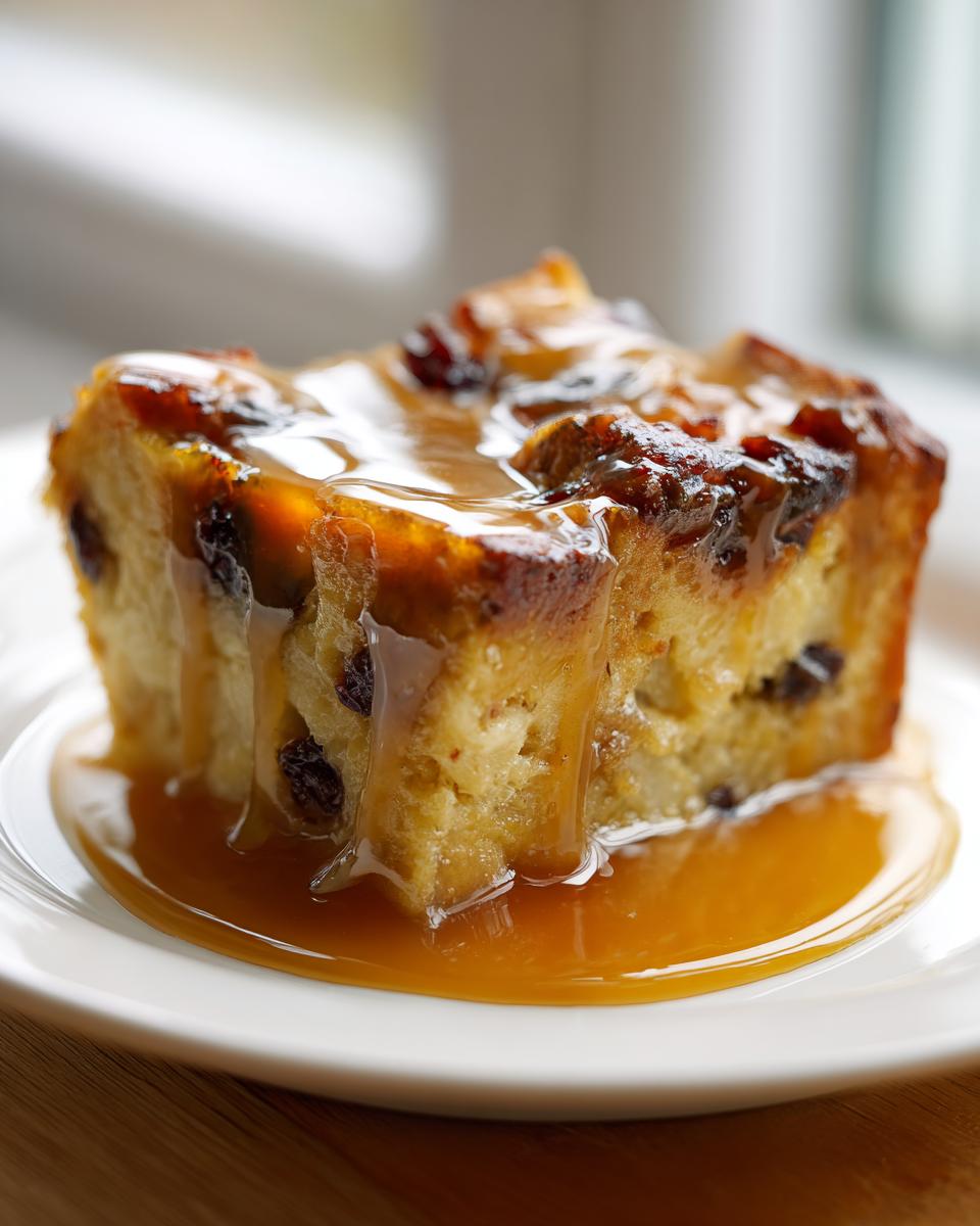 A decadent slice of bread pudding with bourbon sauce generously drizzled over the top and pooling on a white plate.