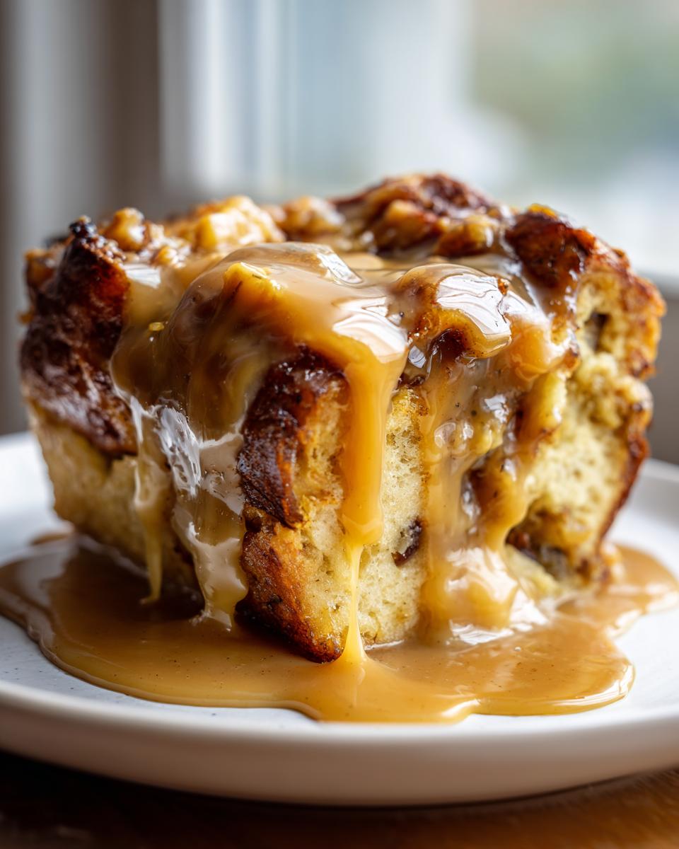 Close-up of a square slice of bread pudding with bourbon sauce generously drizzled over the top and pooling on the plate.