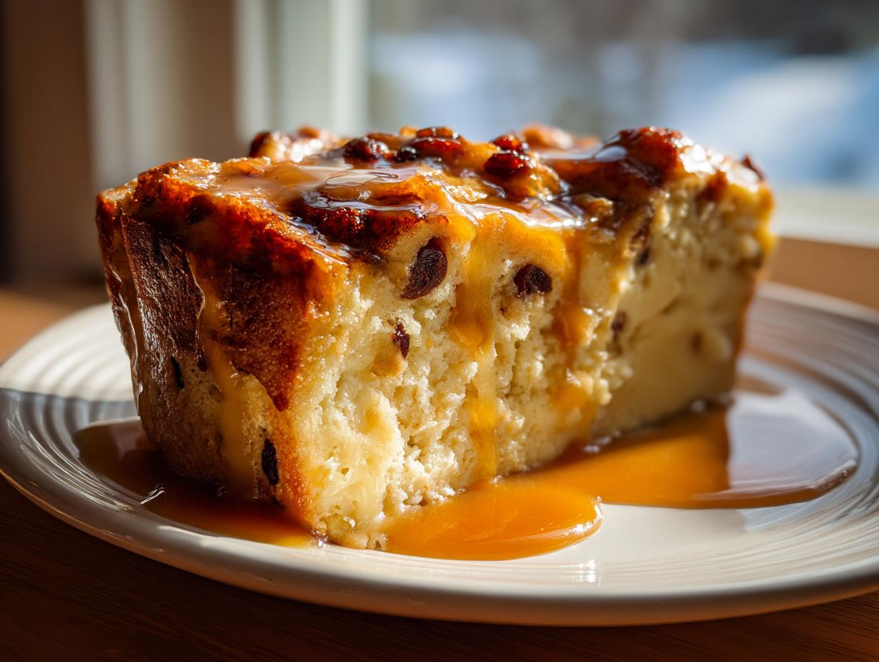 A thick slice of moist bread pudding with raisins, generously drizzled with rich bourbon sauce.