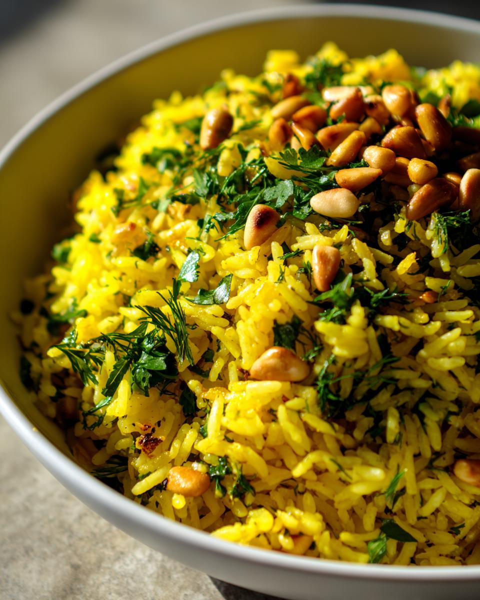 Close-up of bright yellow mediterranean rice topped with toasted pine nuts and fresh chopped parsley.
