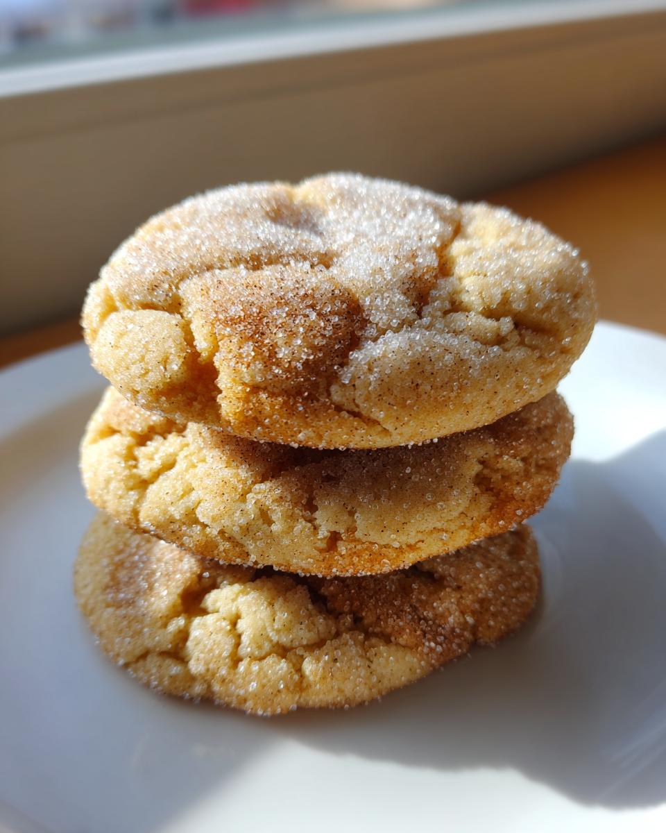 A stack of three soft brown butter sugar cookies coated in cinnamon sugar resting on a white plate.