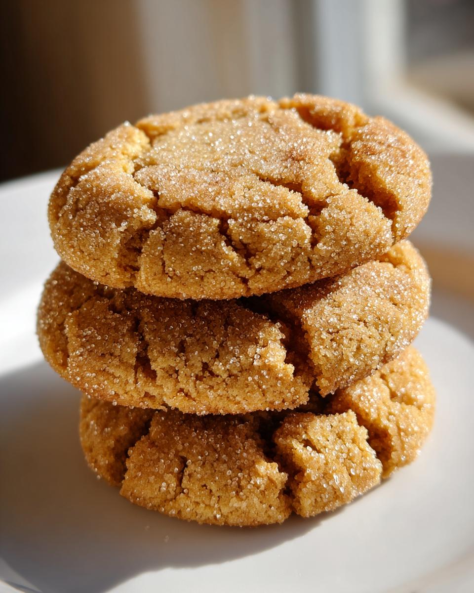 A stack of three soft, crinkled brown butter sugar cookies generously coated in sparkling sugar crystals.