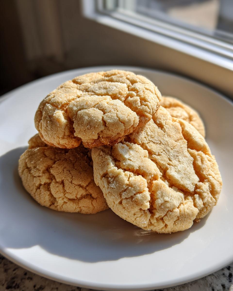 A small stack of golden brown butter sugar cookies, coated in granulated sugar, resting on a white plate near a window.