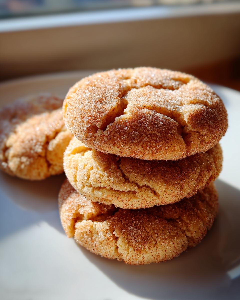 A stack of three soft, crackled brown butter sugar cookies coated in cinnamon sugar, backlit by sunlight.