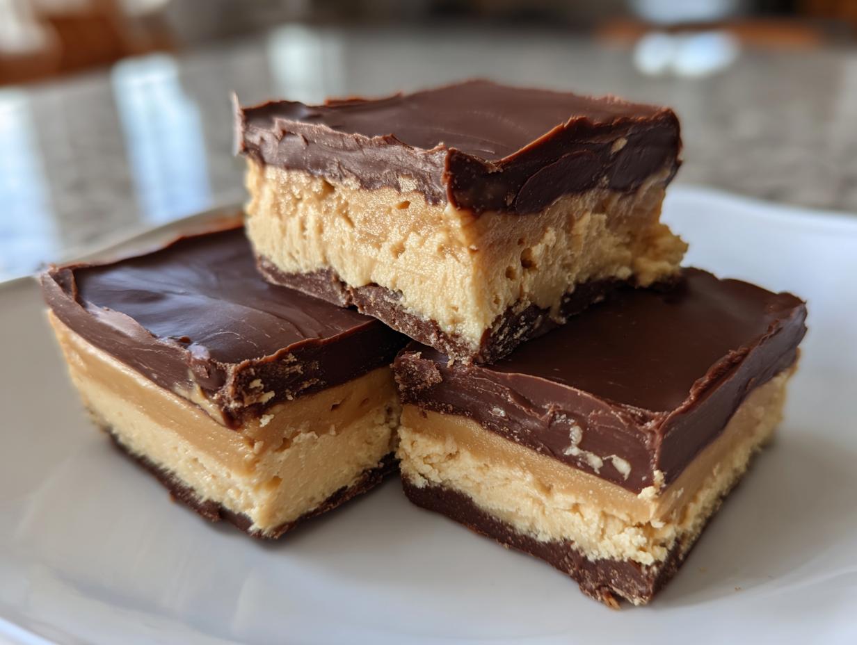 Three stacked squares of rich buckeye fudge featuring a peanut butter layer topped with smooth chocolate ganache.