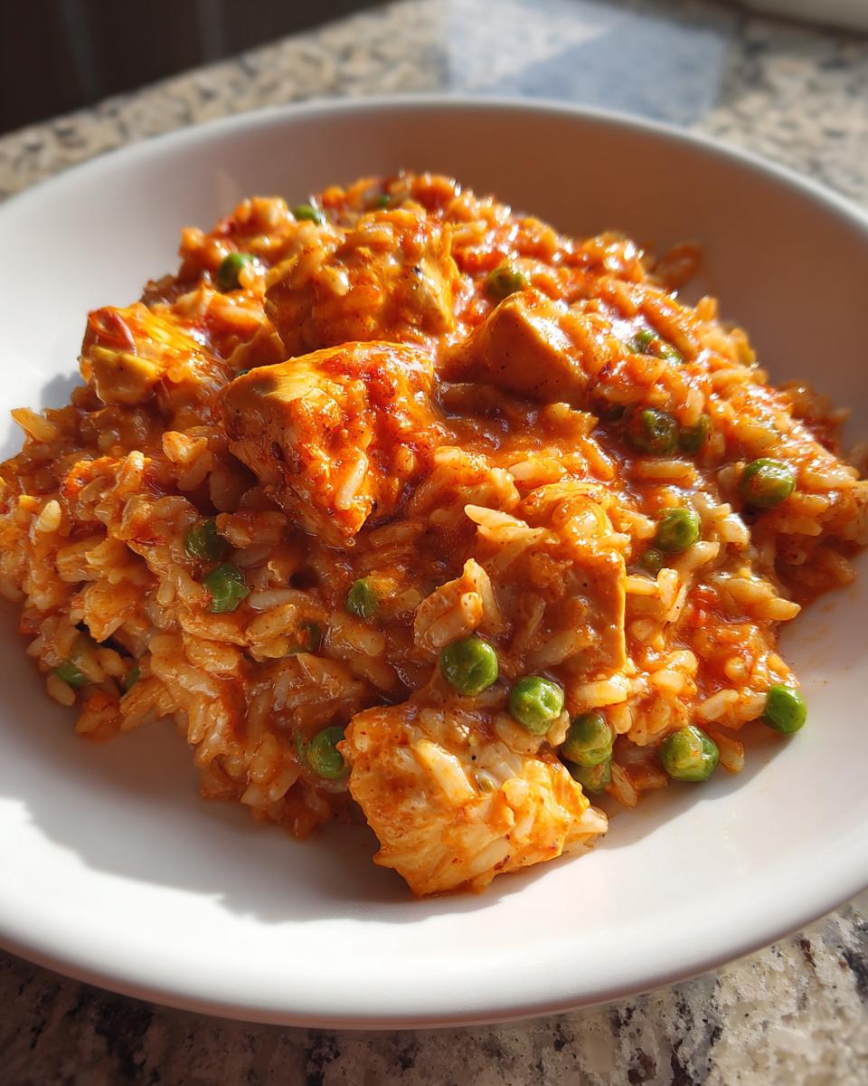 Close-up of a bowl filled with seasoned rice, chunks of cajun chicken, and bright green peas in a rich sauce.