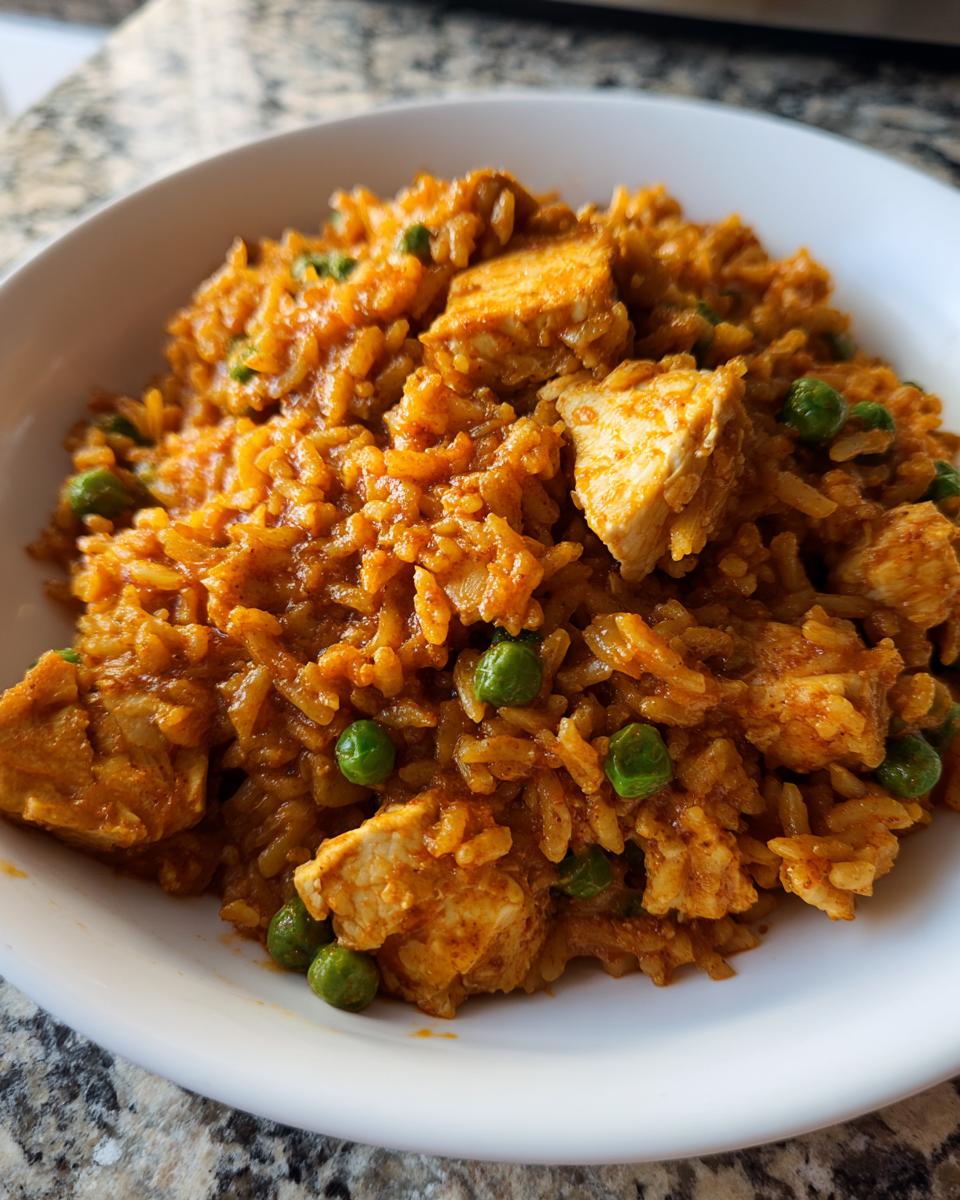 Close-up of a white bowl filled with seasoned rice mixed with chunks of cajun chicken and green peas.
