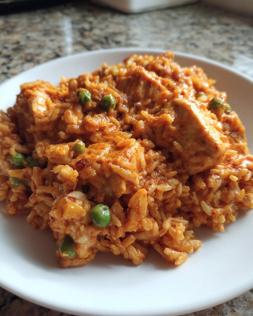 Close-up of a white plate filled with seasoned rice mixed with chunks of cajun chicken and bright green peas.