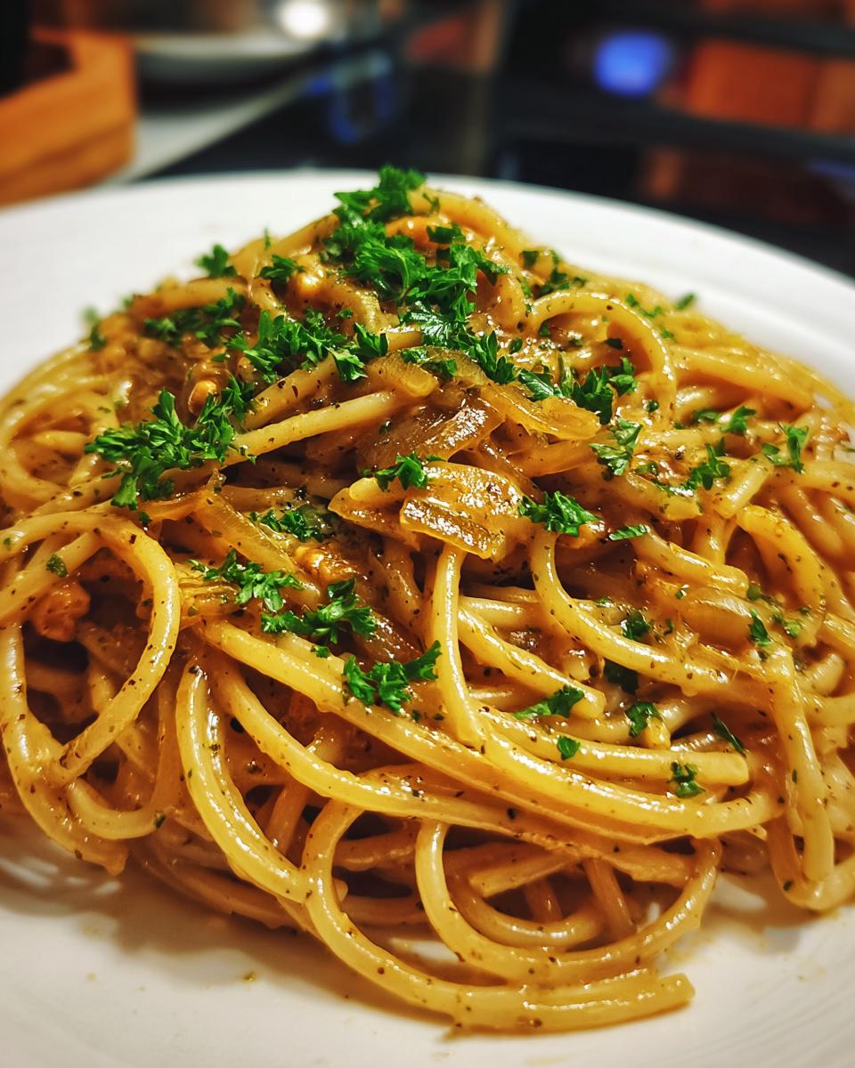 A close-up of a serving of creamy caramelized onion pasta, topped with fresh chopped parsley.
