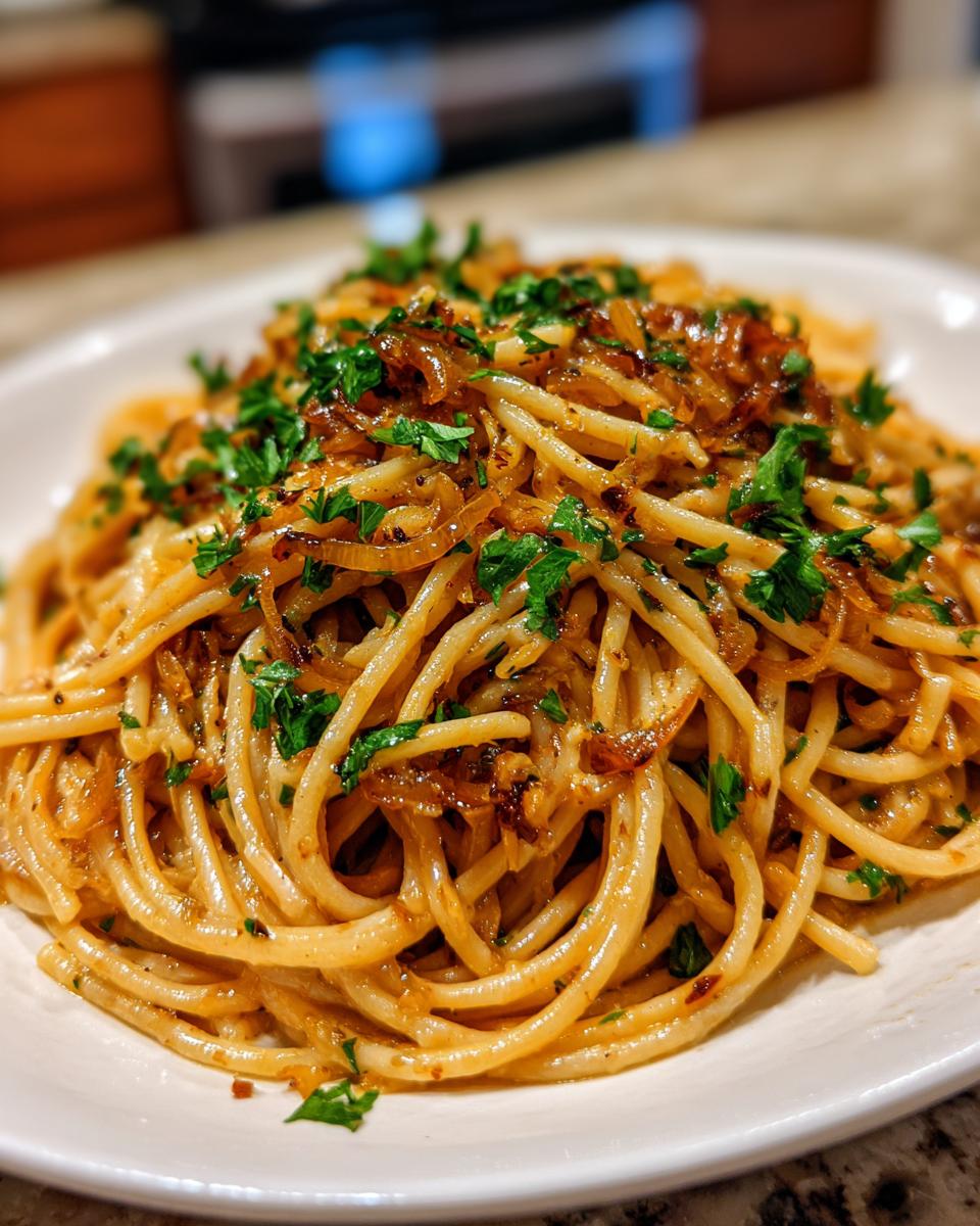 A close-up of a plate piled high with spaghetti tossed in sauce and topped generously with caramelized onion pasta and fresh chopped parsley.