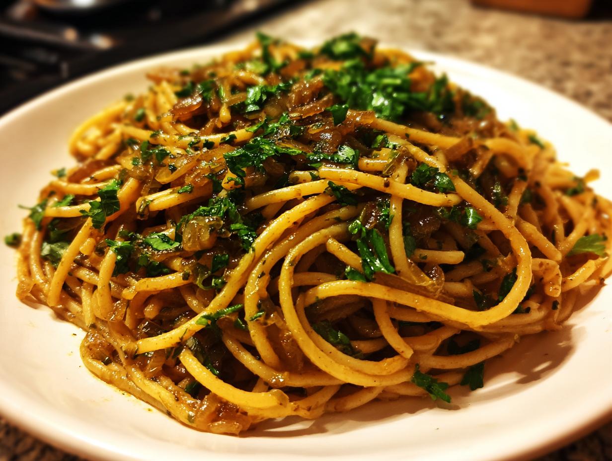 A close-up shot of a serving of caramelized onion pasta tossed with sauce and topped with fresh chopped parsley.