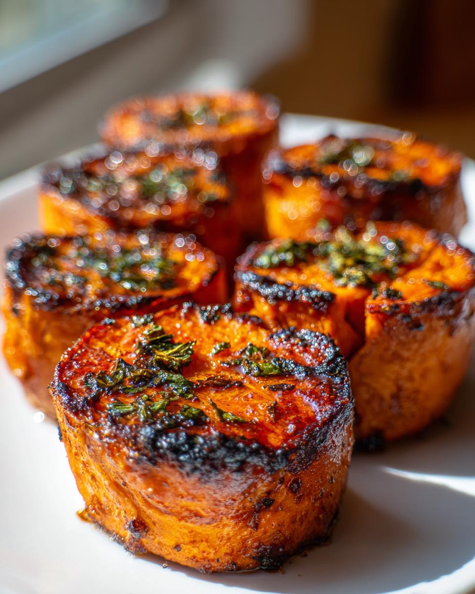 Close-up of perfectly caramelized sweet potatoes rounds topped with fresh green herbs.