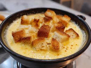 Close-up of creamy, melted cheese fondue topped with golden brown, toasted bread cubes.