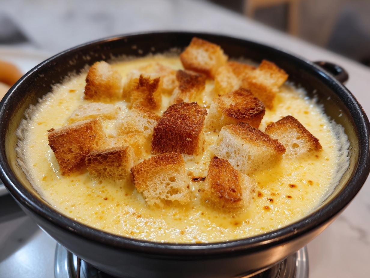 Close-up of creamy, melted cheese fondue topped with golden brown, toasted bread cubes.