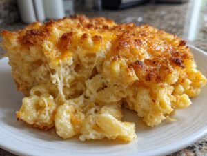 A close-up of a serving of baked mac and cheese recipe with a golden brown crust and visible cheese pull.