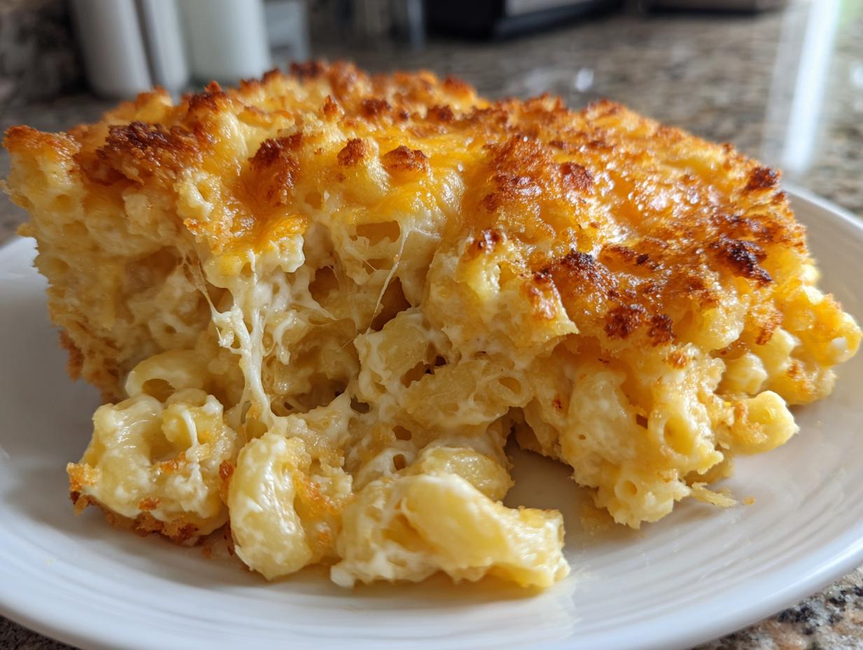 A close-up of a serving of baked mac and cheese recipe with a golden brown crust and visible cheese pull.