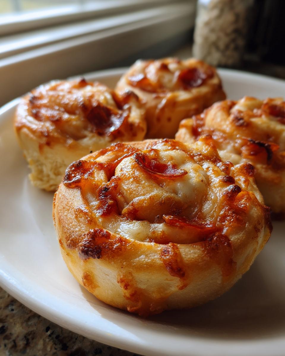 Four freshly baked pizza pinwheels topped with melted cheese and pepperoni slices on a white plate.