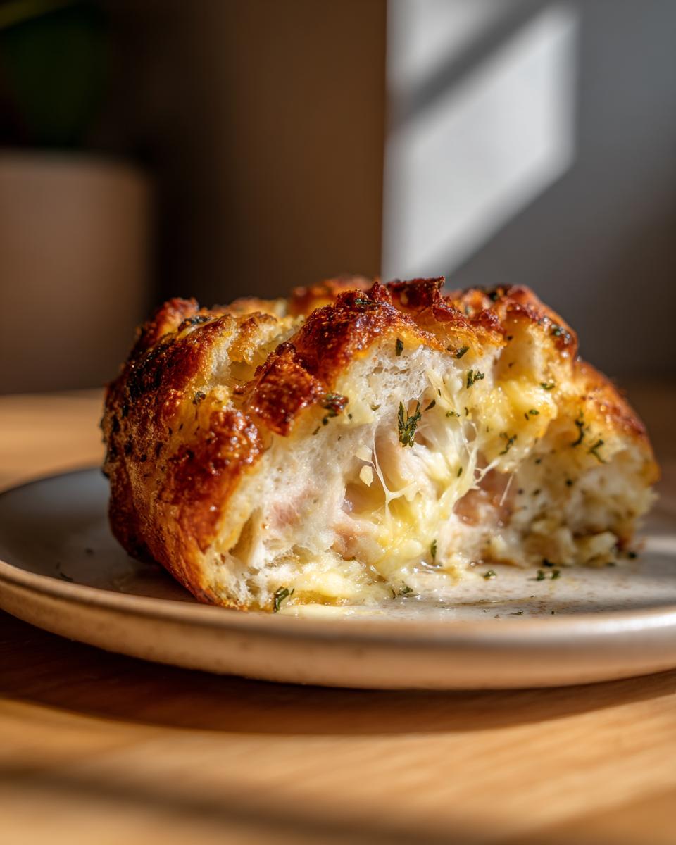 Close-up of cheesy, pull-apart bread stuffed with what appears to be shredded chicken, perfect alongside baked chicken breast recipes.