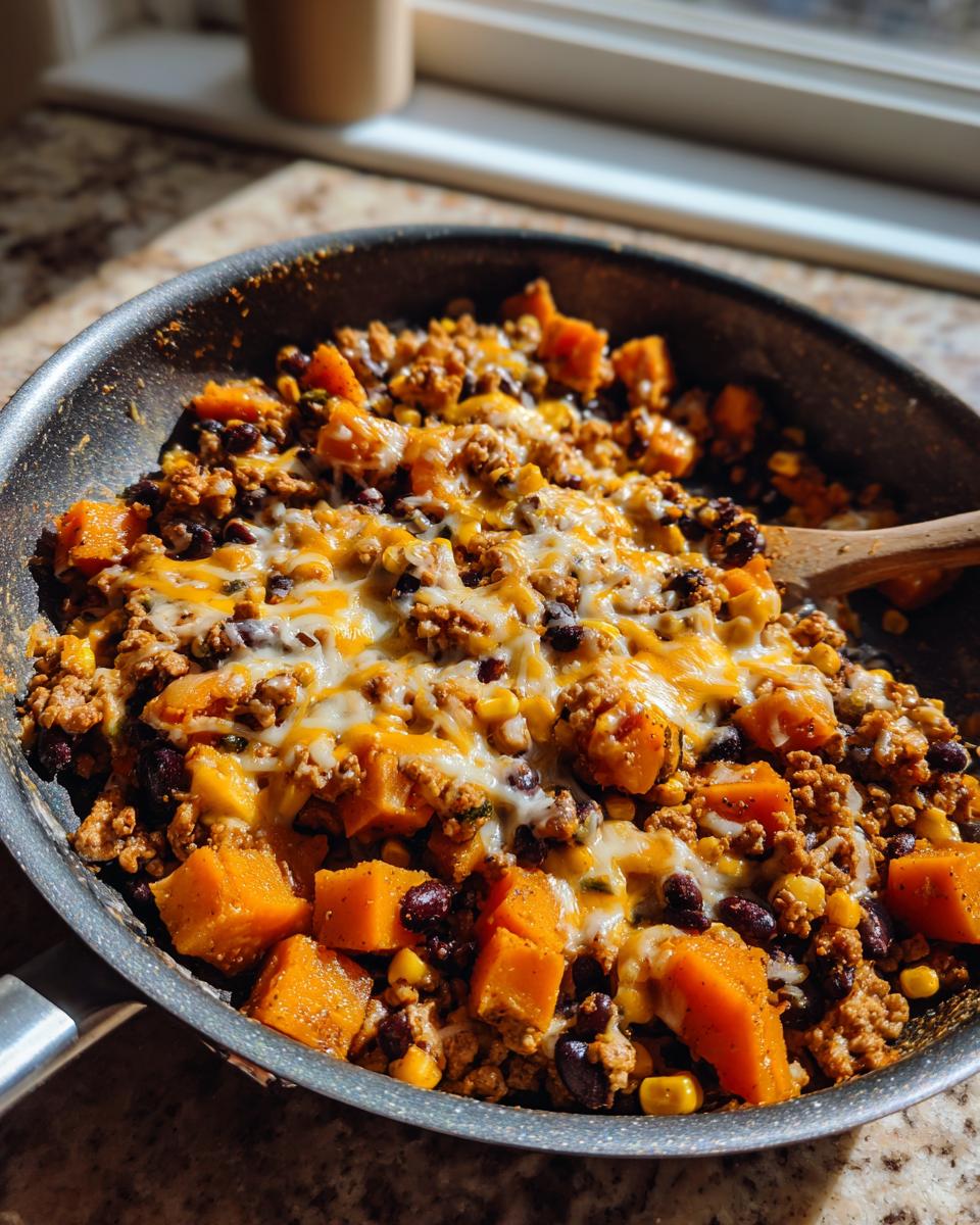 Close-up of a savory sweet potato skillet dish topped with melted cheese, ground meat, black beans, and corn.