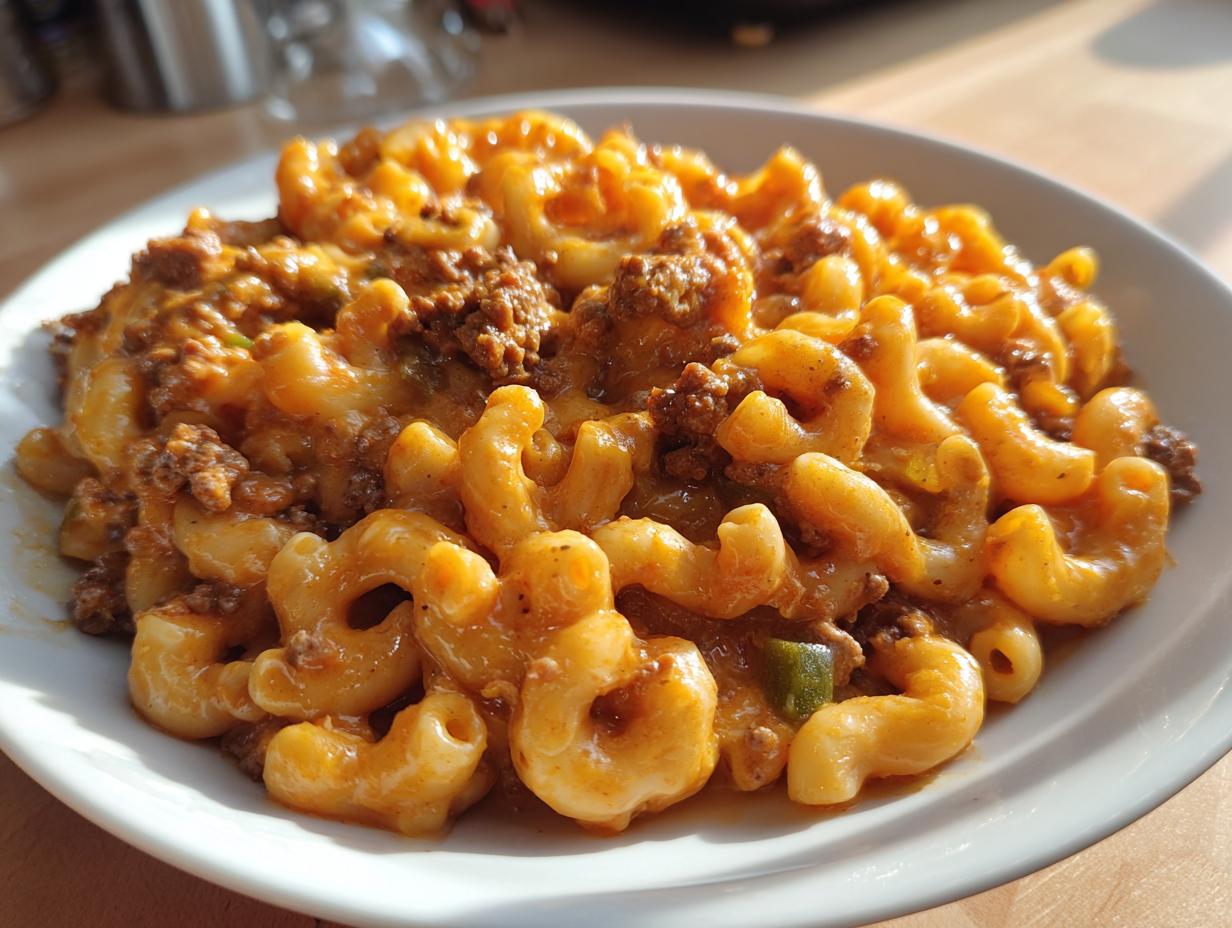 A close-up serving of cheesy taco pasta featuring elbow macaroni mixed with seasoned ground beef and melted cheese.
