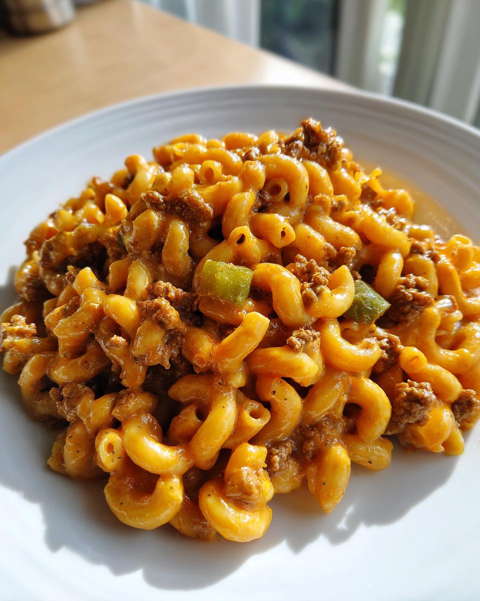 Close-up of cheesy taco pasta made with elbow macaroni, ground meat, and green pepper chunks on a white plate.