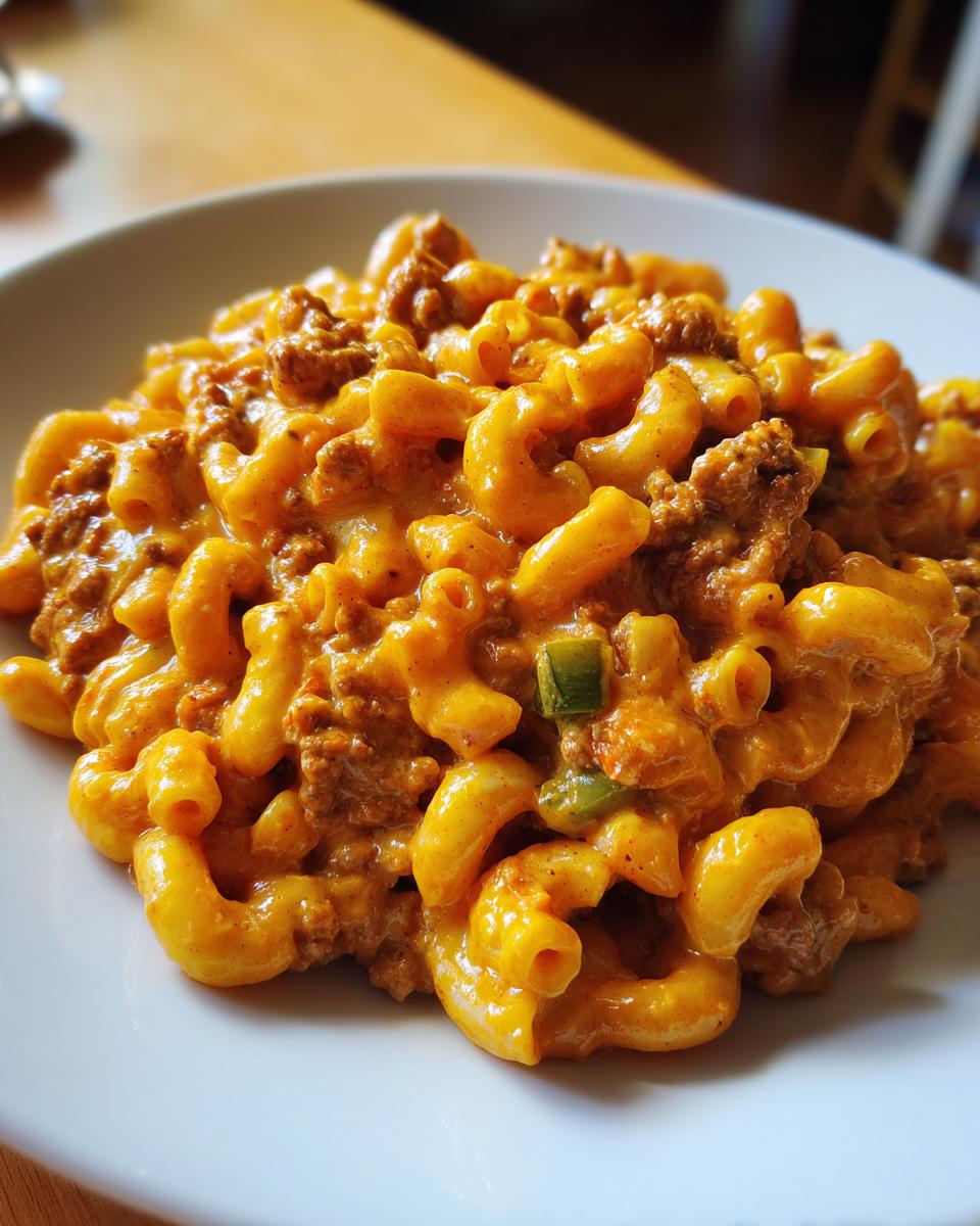 Close-up of creamy, cheesy taco pasta featuring elbow macaroni mixed with seasoned ground meat and green peppers.