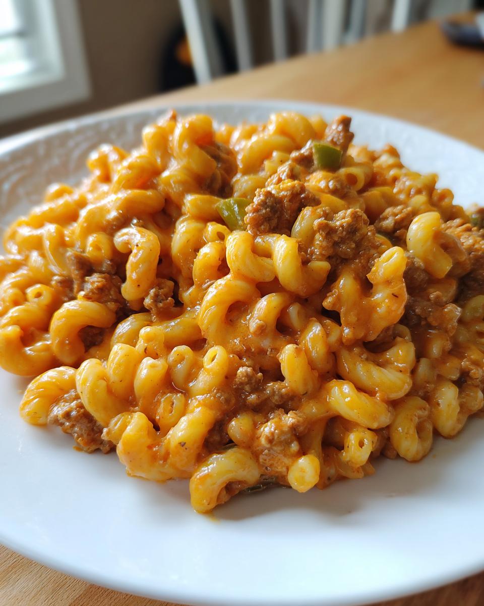 Close-up of a serving of cheesy taco pasta made with elbow macaroni, seasoned ground beef, and visible green peppers.