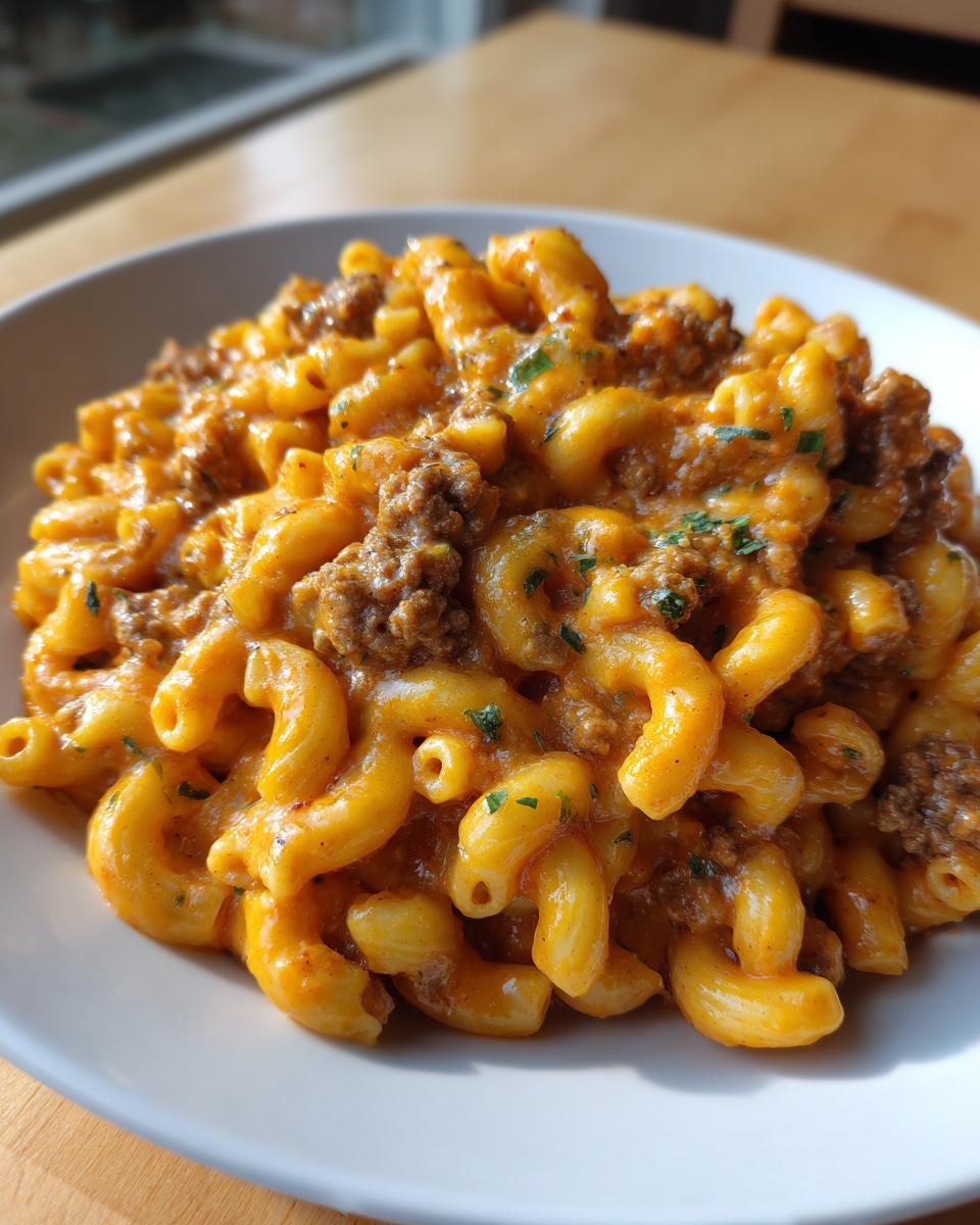 A close-up of creamy, cheesy taco pasta mixed with seasoned ground beef, garnished with parsley, served in a white bowl.