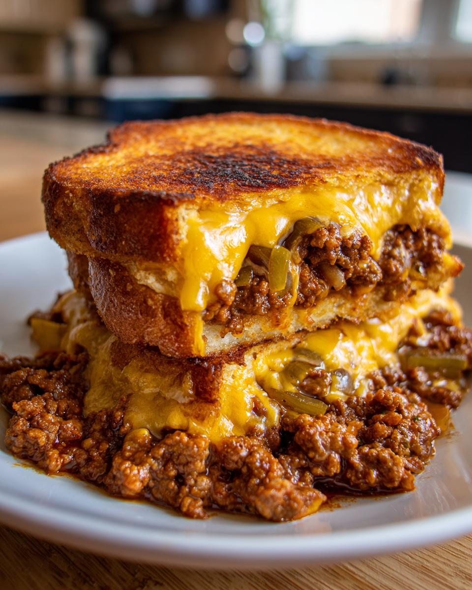 A decadent, cheesy Texas Toast Sloppy Joes sandwich, cut in half and overflowing with meat sauce and melted cheddar.