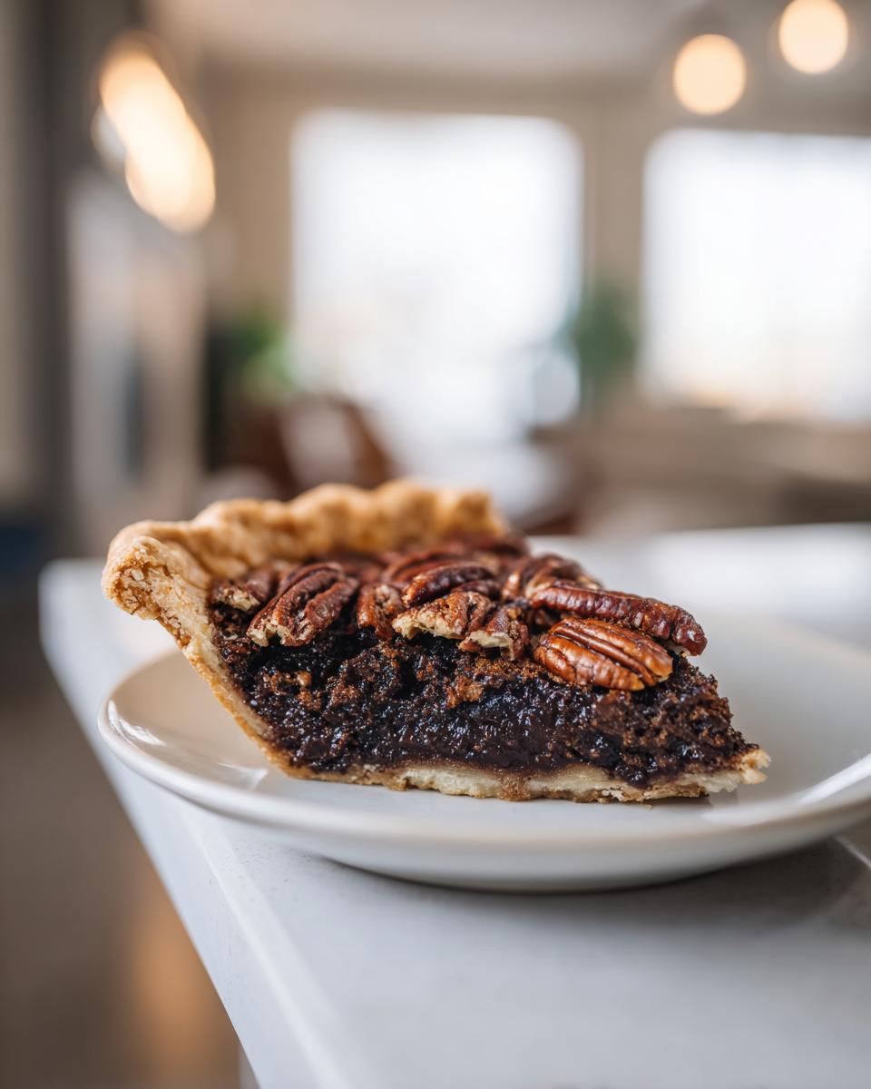 A close-up of a decadent slice of chocolate bourbon pecan pie topped with whole pecans on a white plate.