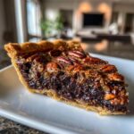 A close-up of a rich slice of chocolate bourbon pecan pie showing the dark filling and pecan topping on a white plate.