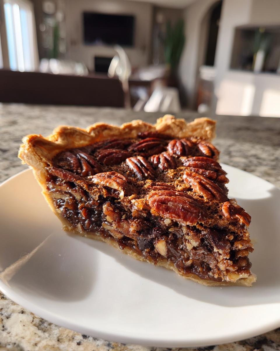 A close-up of a rich slice of chocolate bourbon pecan pie, showing the pecan topping and gooey filling, served on a white plate.