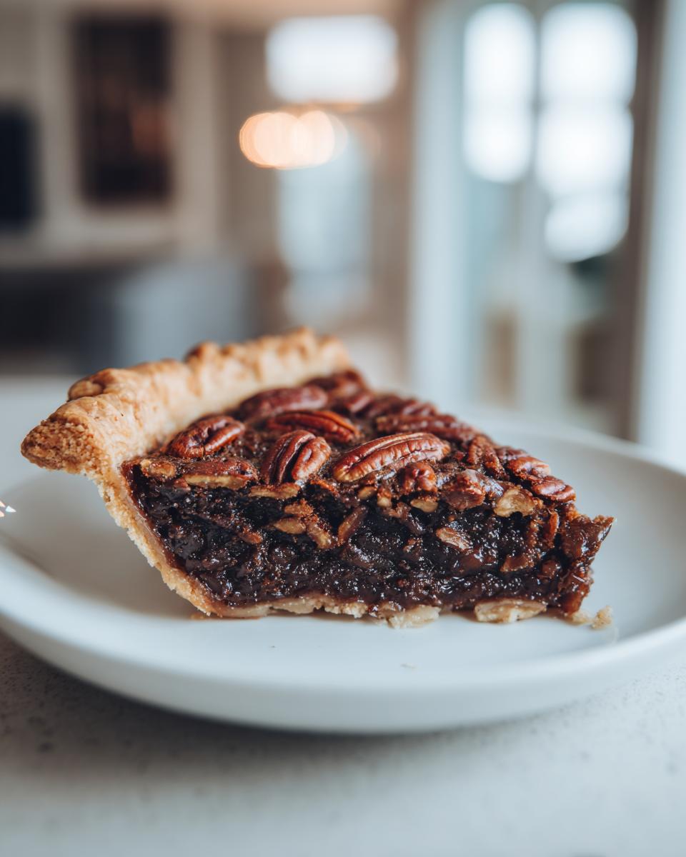 A close-up of a rich slice of chocolate bourbon pecan pie on a white plate, featuring a flaky crust and whole pecans.