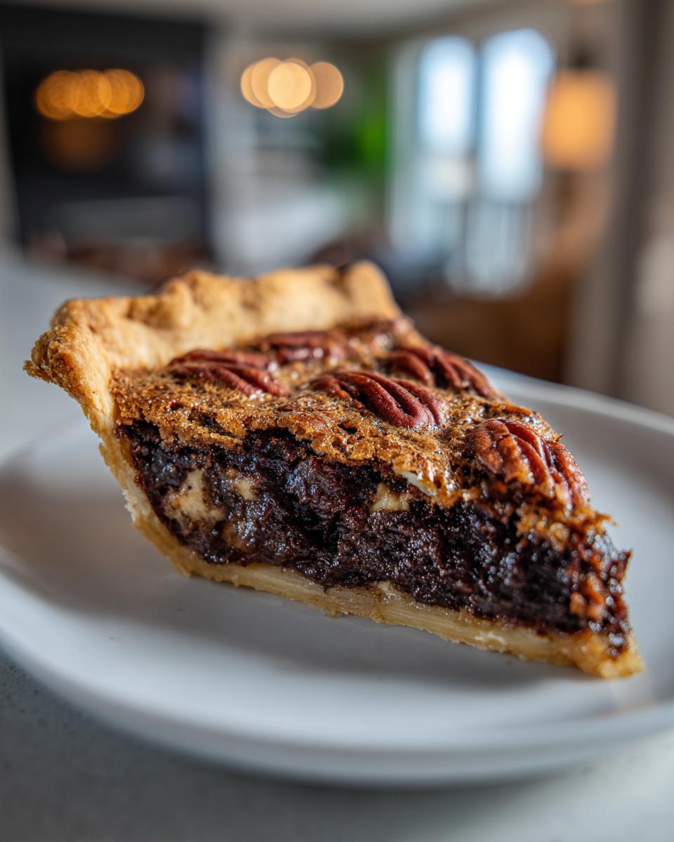 A close-up of a rich slice of chocolate bourbon pecan pie resting on a white plate.