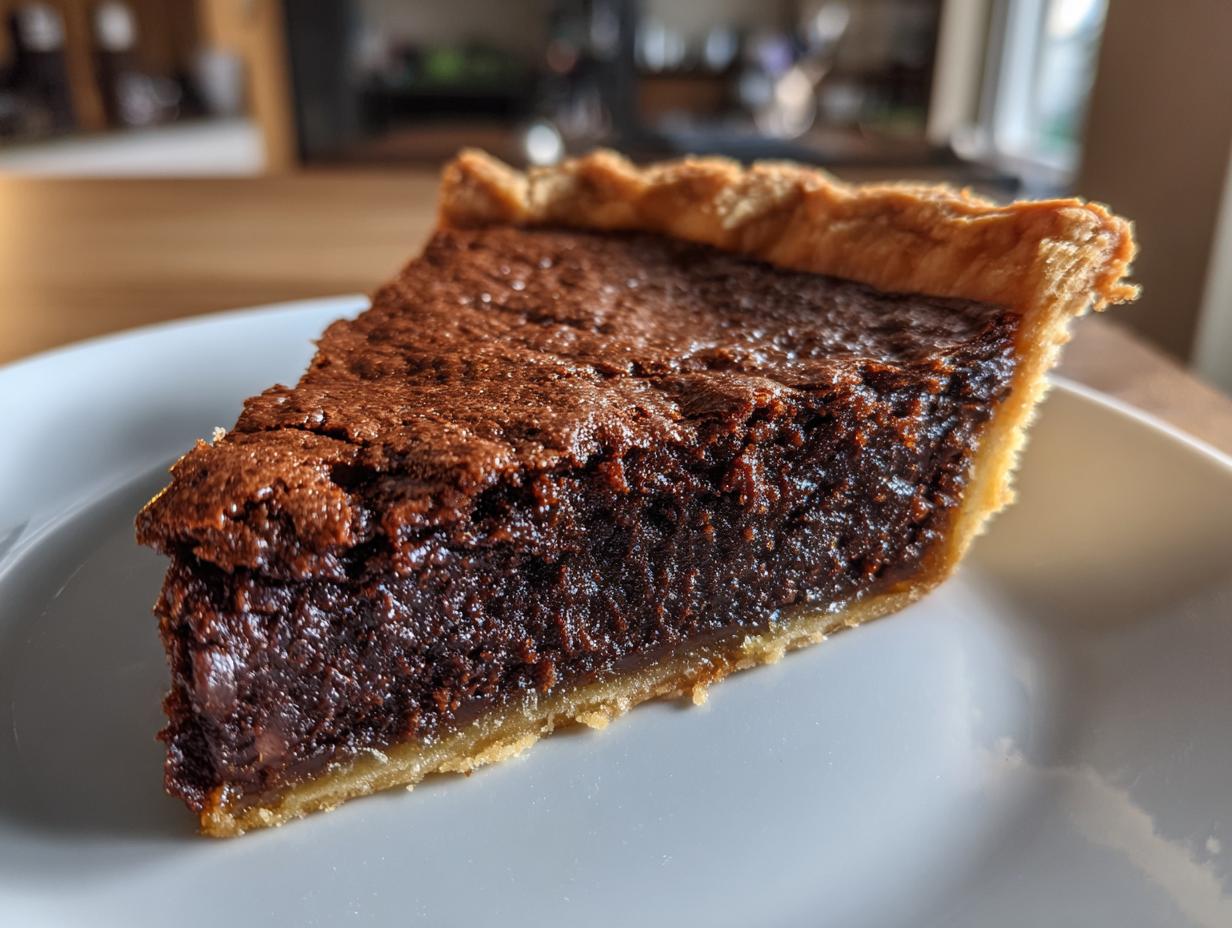 A close-up view of a decadent slice of chocolate chess pie showing the dark, fudgy filling and flaky crust.