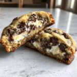 Close-up of a chocolate chip cheesecake cookie cut in half, showing the creamy cheesecake filling.