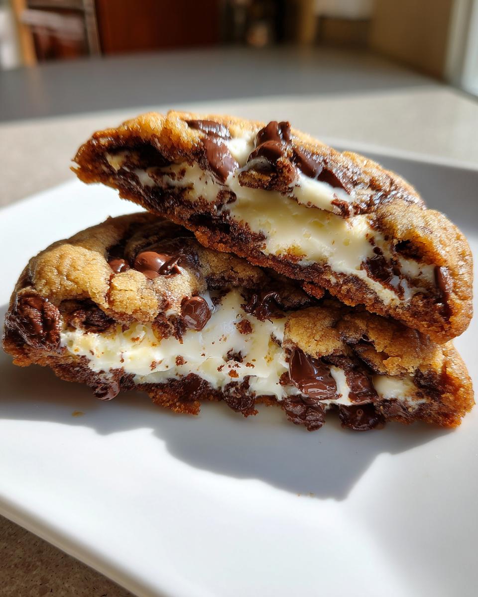 A chocolate chip cheesecake cookie split in half, revealing a gooey, creamy cheesecake center and melted chocolate chips.