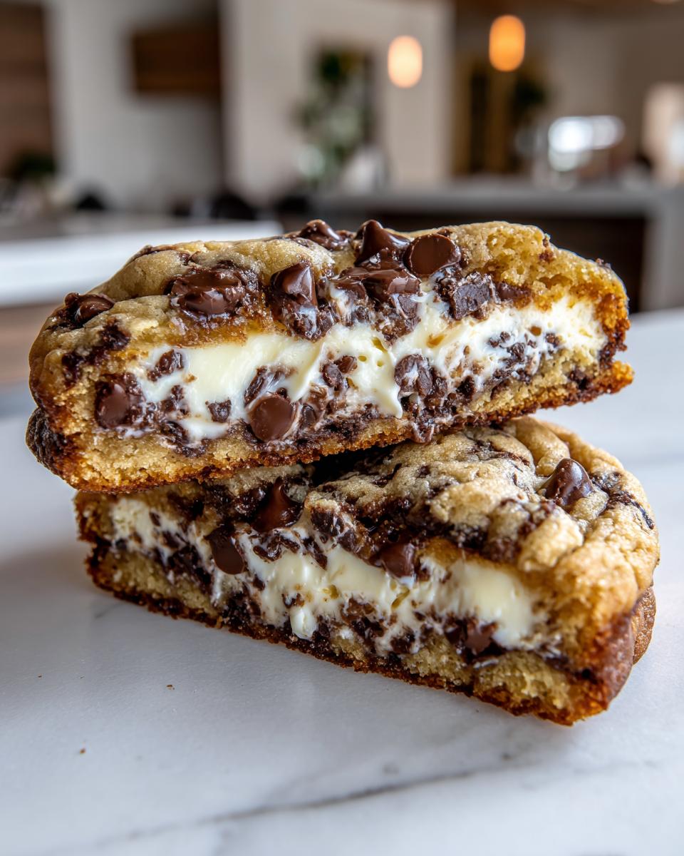 Two halves of a thick chocolate chip cheesecake cookie stacked, showing the creamy cheesecake filling and abundant chocolate chips.