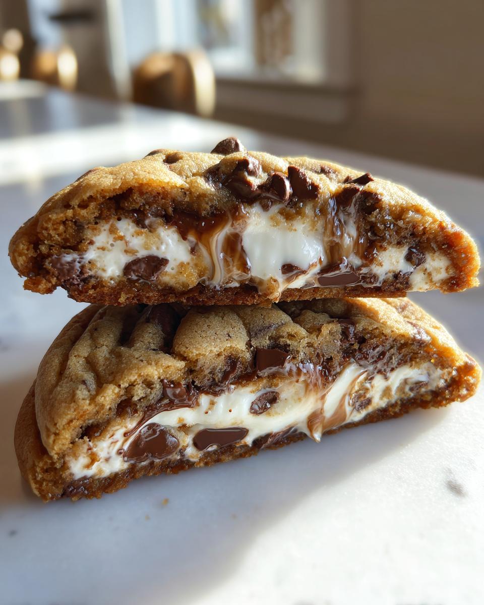 Two halves of a gooey chocolate chip cheesecake cookie stacked, showing the melted chocolate and creamy cheesecake filling.