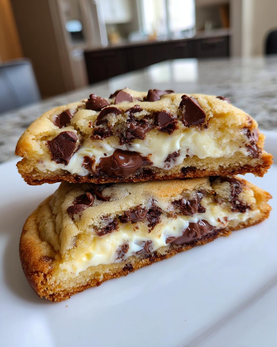 Two halves of a thick chocolate chip cheesecake cookie stacked, showing the gooey cheesecake center and melted chocolate chips.