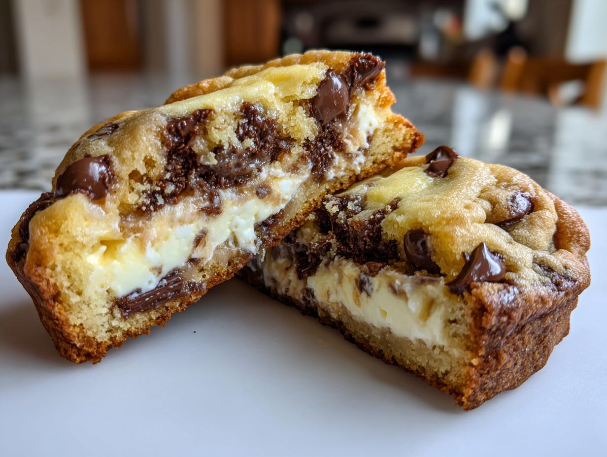 A chocolate chip cheesecake cookie cut in half, showing the creamy cheesecake filling and melted chocolate chips.