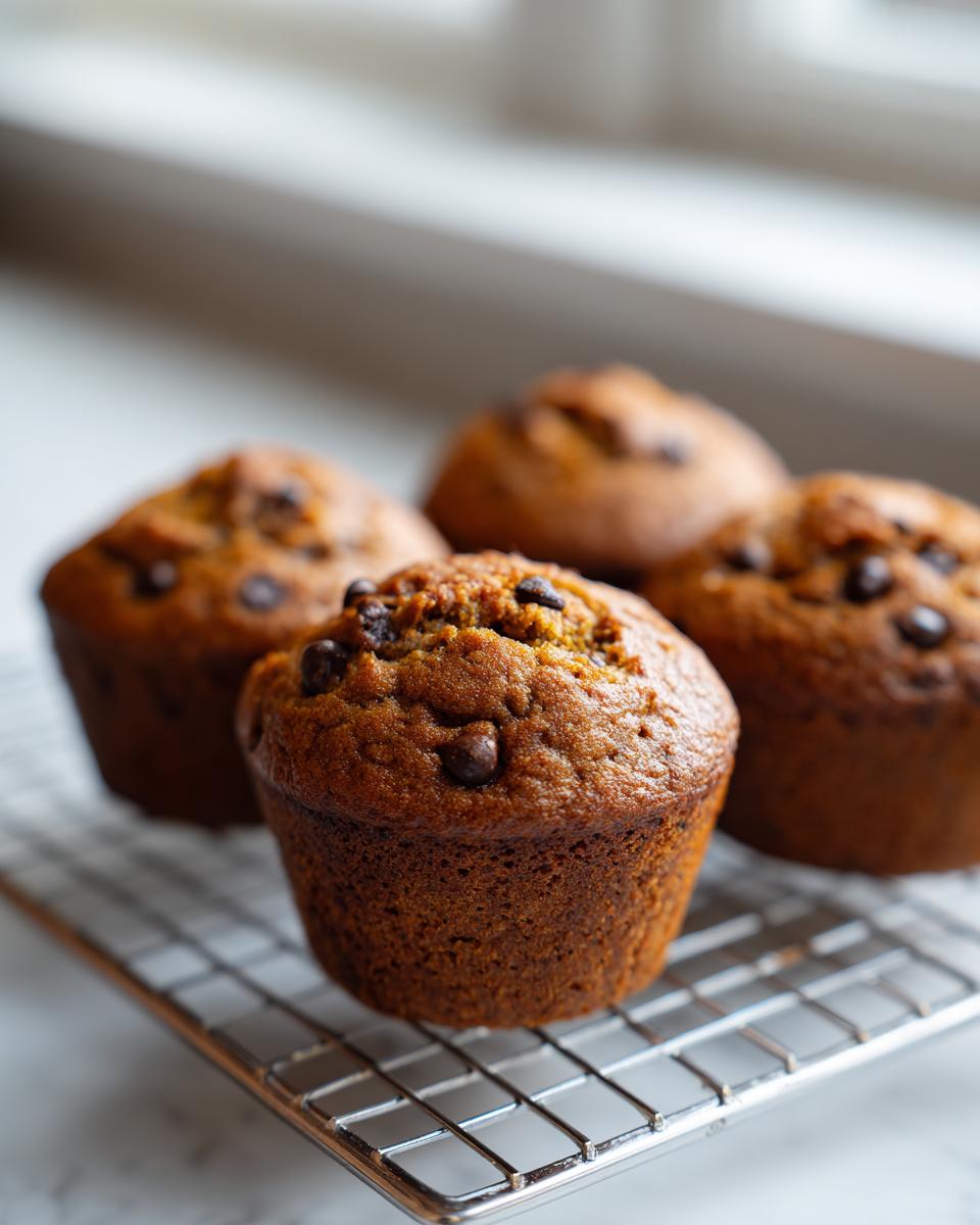 Close-up of chocolate chip mini banana bread loaves cooling on a wire rack.