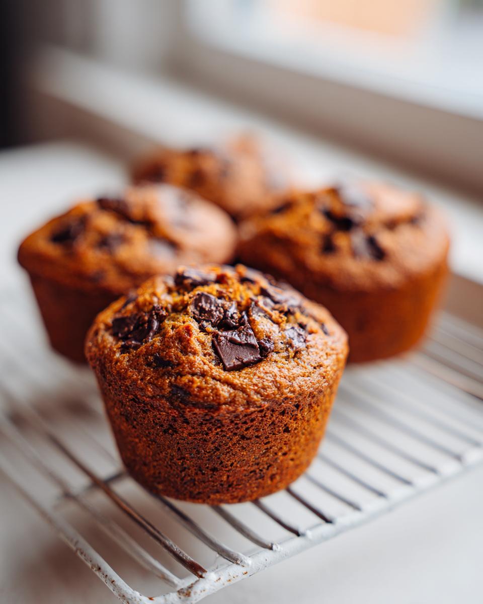 Close-up of freshly baked chocolate chip mini banana bread loaves cooling on a white wire rack.