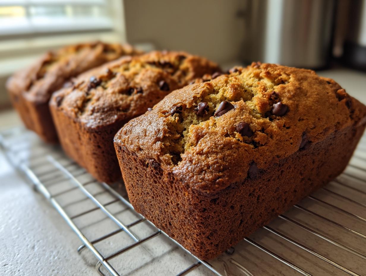 Three freshly baked mini banana bread loaves with chocolate chips cooling on a wire rack.