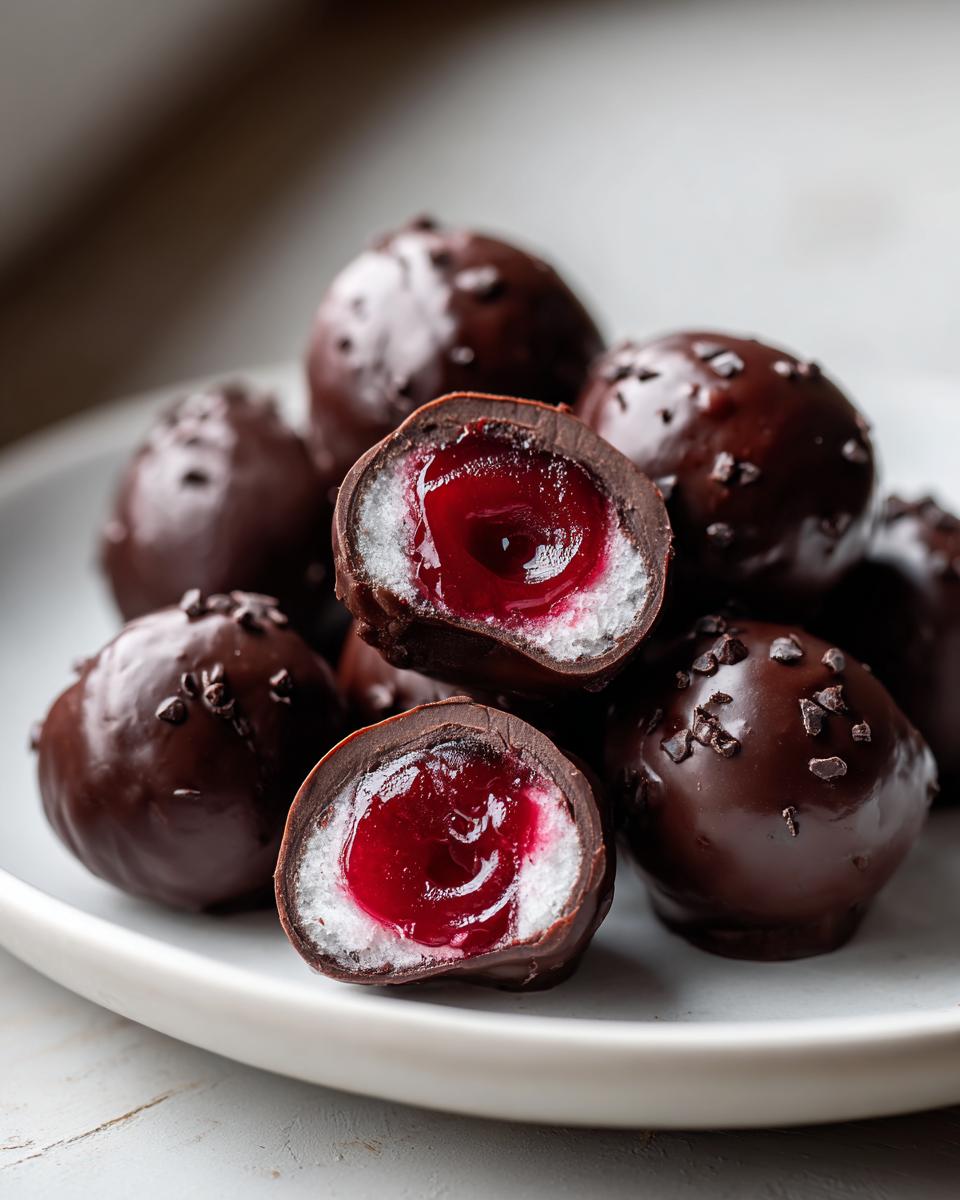 A pile of rich, dark chocolate covered cherries, one cut open to show the white filling and bright red cherry center.