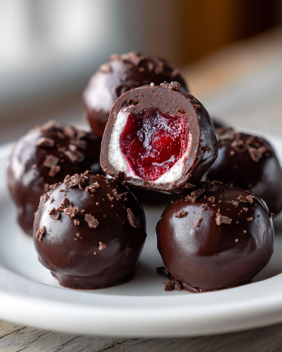 A stack of glossy dark chocolate covered cherries, one cut open revealing the cherry filling and white center.