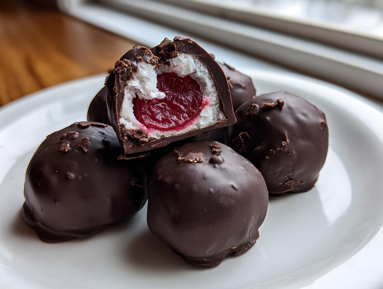 A stack of homemade chocolate covered cherries, one cut open revealing a cherry center and white filling.
