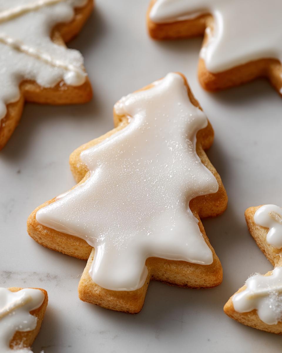 Close-up of a perfectly iced Christmas tree sugar cookie using a hard cookie icing recipe.