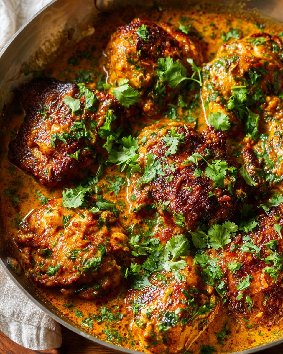 Close-up of seared chicken pieces simmering in a rich, orange coconut lime chicken sauce, garnished with fresh cilantro.