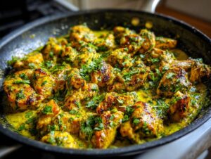 Close-up of seared chicken pieces simmering in a creamy, yellow sauce garnished with fresh cilantro, representing Coconut Lime Chicken.